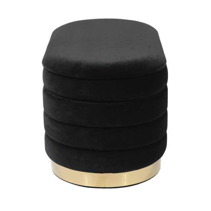 Modern Oval Storage Ottoman with Golden Strip, Black Velvet Upholstered Bench, Decorative Footstool, Ottoman Stool, Bench for Office Use, Home Ottoman Bench