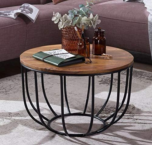Round Wooden Coffee Table with Black Metal Basket Base – Modern Industrial Center Table for Living Room