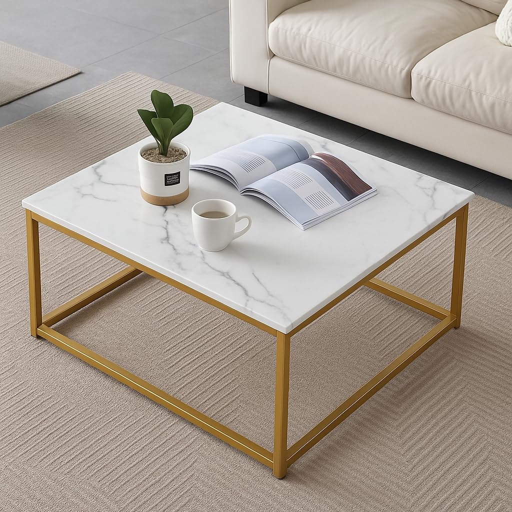 Modern Square Marble Coffee Table with Sturdy Metal Frame – Contemporary Living Room Center Table for Sofa, Couch & Lounge – Elegant White Faux Marble Top, Easy to Clean (Golden & White)