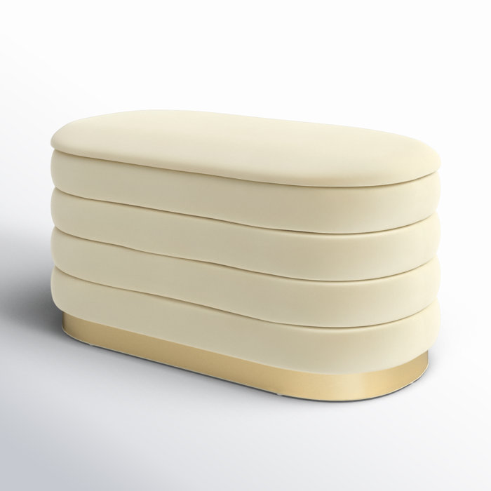 Modern Storage Ottoman Cream Fabric Vanity Bench with Gold Strips for Bedroom & Living Rooms