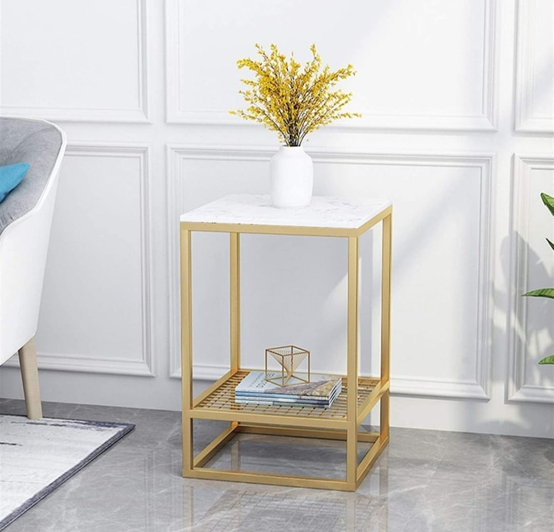 Modern Gold Metal Side Table with White Faux Marble Finish Top & Storage Shelf – Living Room Accent Furniture