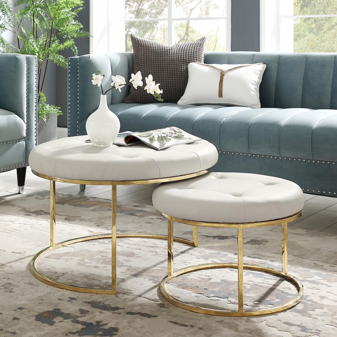 Modern Upholstered Nesting Coffee Table Set with Gold Metal Frame – Luxury Living Room Center Tables (Set of 2)