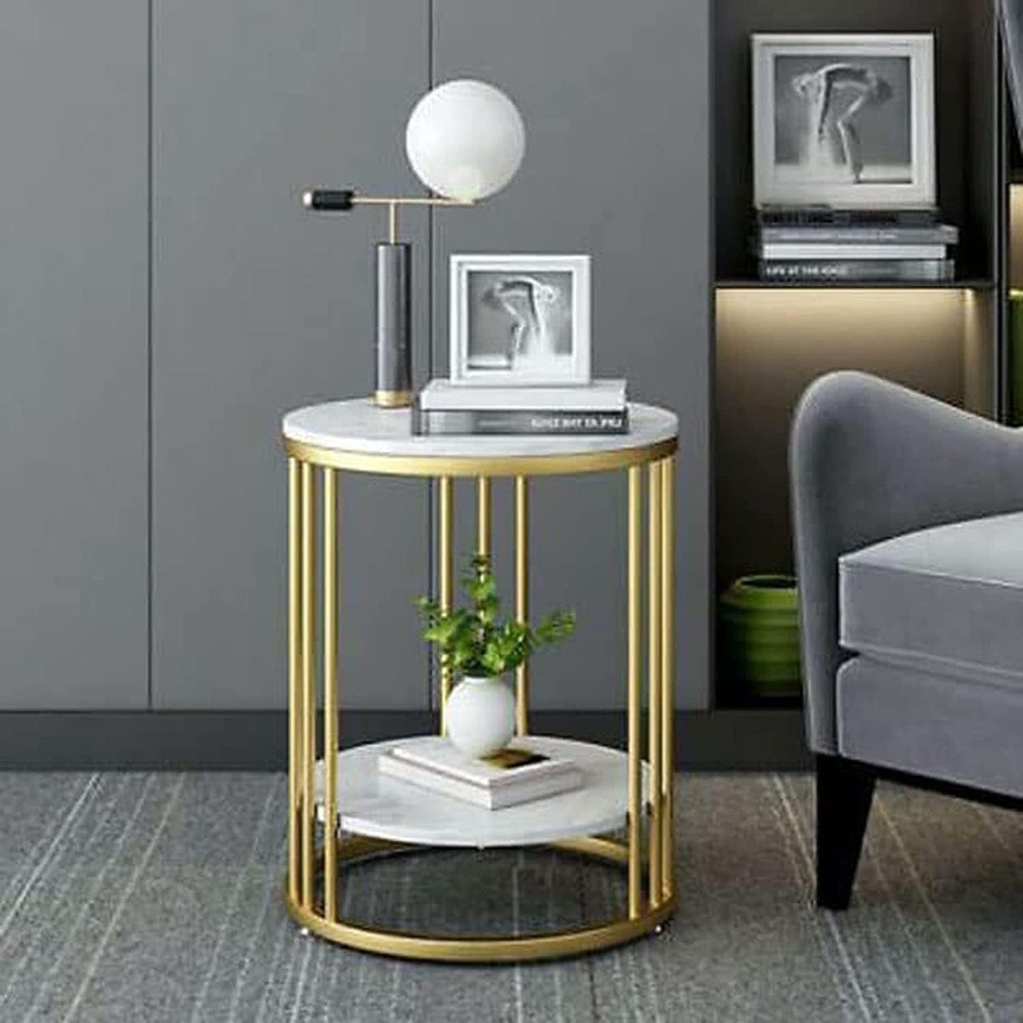 Modern Round Marble Side Table with Gold Metal Frame – Luxury Accent Coffee Table