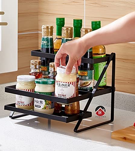 2-Tier Kitchen Spice & Condiment Organizer Rack | Countertop Metal Storage Shelf (Black)
