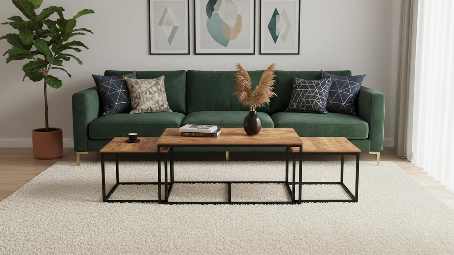Modern Wooden Nesting Coffee Table Set with Metal Frame – Space-Saving Living Room Tables