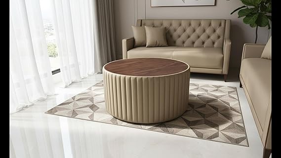 Modern Round Upholstered Coffee Table Ottoman with Wooden Top – Luxury Living Room Center Table