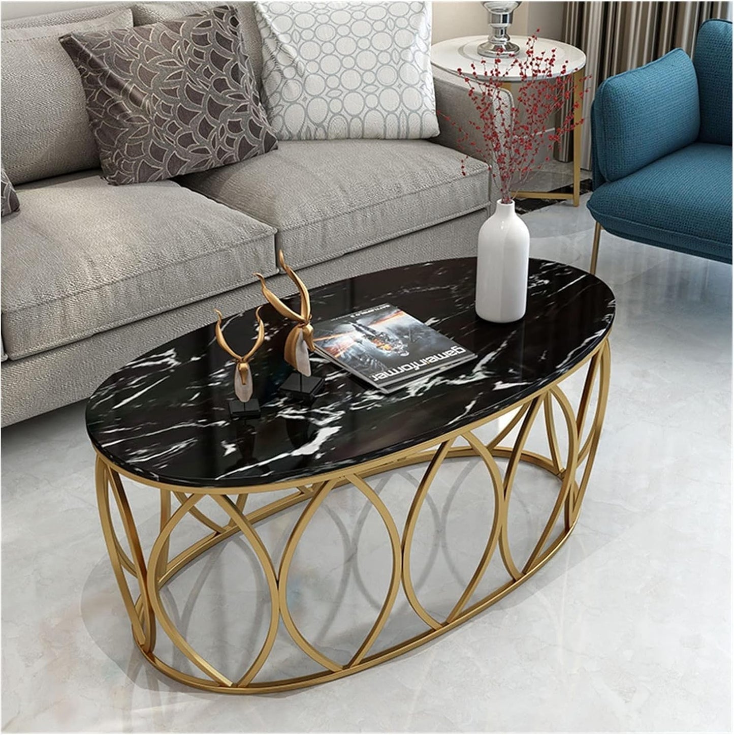 Luxury Oval Coffee Table with Black Marble Top & Gold Metal Base – Modern Center Table for Living Room