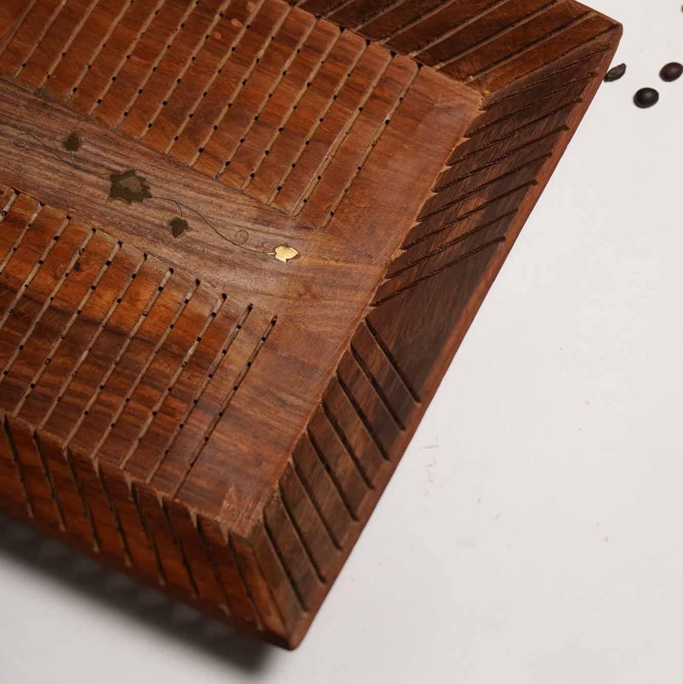 Handcrafted Wooden Serving Tray with Brass Inlay – Premium Multipurpose Tea & Snack Tray