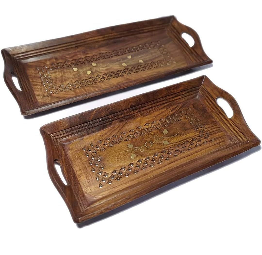 Handcrafted Wooden Serving Trays Set of 2 – Decorative Rectangular Tea & Snack Trays with Handles
