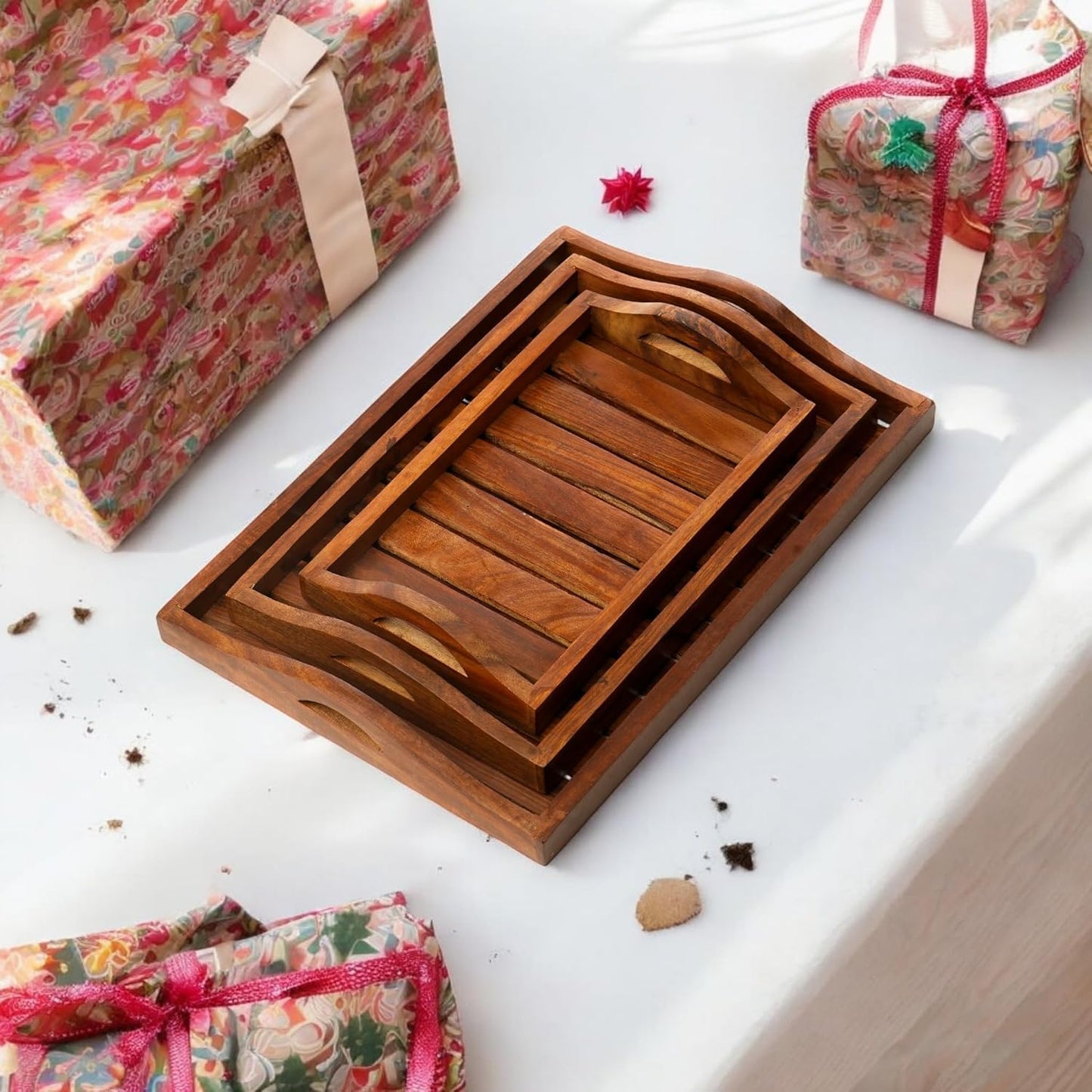 Handcrafted Wooden Serving Trays Set of 3 – Premium Acacia Wood Tea & Breakfast Trays with Handles