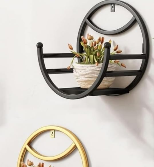 Modern Round Wall Shelf with Metal Frame | Decorative Wall Mounted Planter & Storage Rack