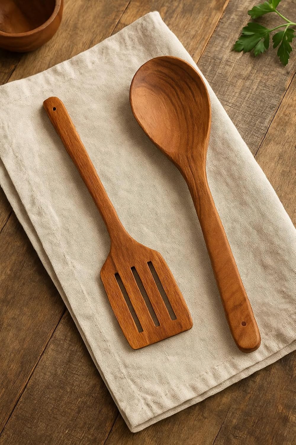 Handcrafted Wooden Cooking Spoon & Slotted Spatula Set – Natural Wood Kitchen Utensils