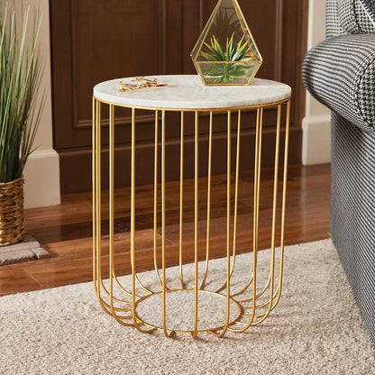 Modern Gold Metal Side Table with White Marble Top – Luxury Accent Table for Living Room & Bedroom
