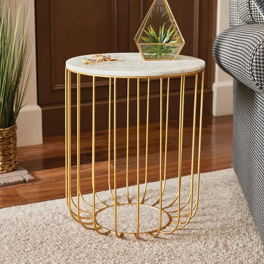 Modern Gold Metal Side Table with White Marble Top – Luxury Accent Table for Living Room & Bedroom