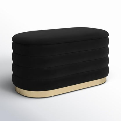 Modern Oval Storage Ottoman with Golden Strip, Black Velvet Upholstered Bench, Decorative Footstool, Ottoman Stool, Bench for Office Use, Home Ottoman Bench