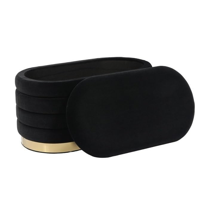 Modern Oval Storage Ottoman with Golden Strip, Black Velvet Upholstered Bench, Decorative Footstool, Ottoman Stool, Bench for Office Use, Home Ottoman Bench