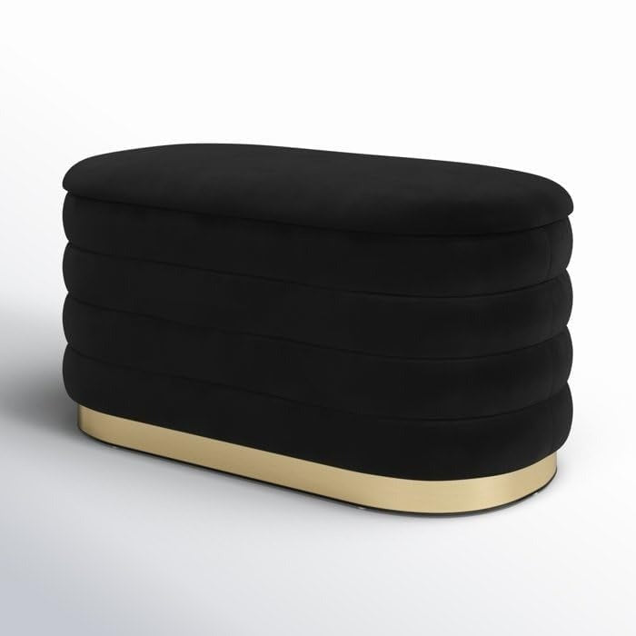 Modern Oval Storage Ottoman with Golden Strip, Black Velvet Upholstered Bench, Decorative Footstool, Ottoman Stool, Bench for Office Use, Home Ottoman Bench