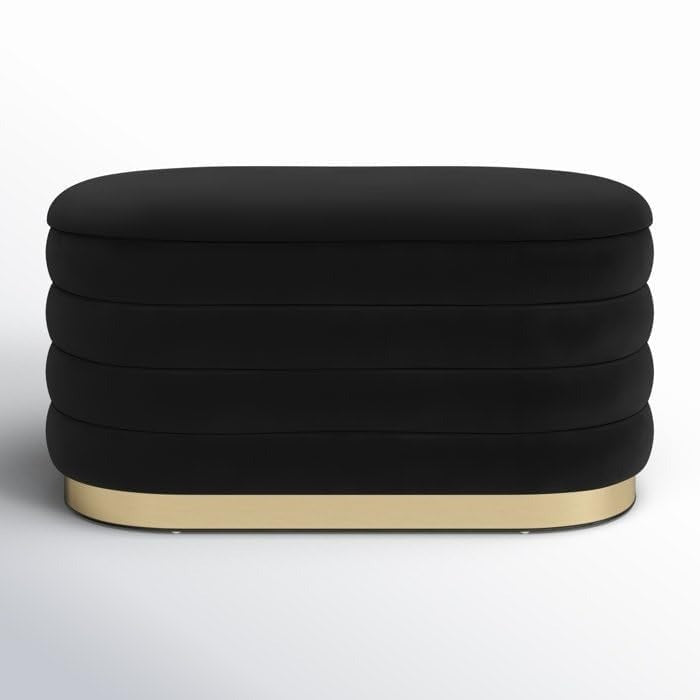 Modern Oval Storage Ottoman with Golden Strip, Black Velvet Upholstered Bench, Decorative Footstool, Ottoman Stool, Bench for Office Use, Home Ottoman Bench