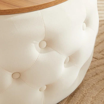 Premium Tufted Round Ottoman Coffee Table with Wooden Top – Modern Living Room Centerpiece