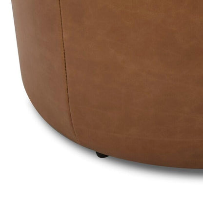 Tufted Ottoman Coffee Table, Round, Brown Leather Top, Traditional Style