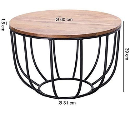 Round Wooden Coffee Table with Black Metal Basket Base – Modern Industrial Center Table for Living Room