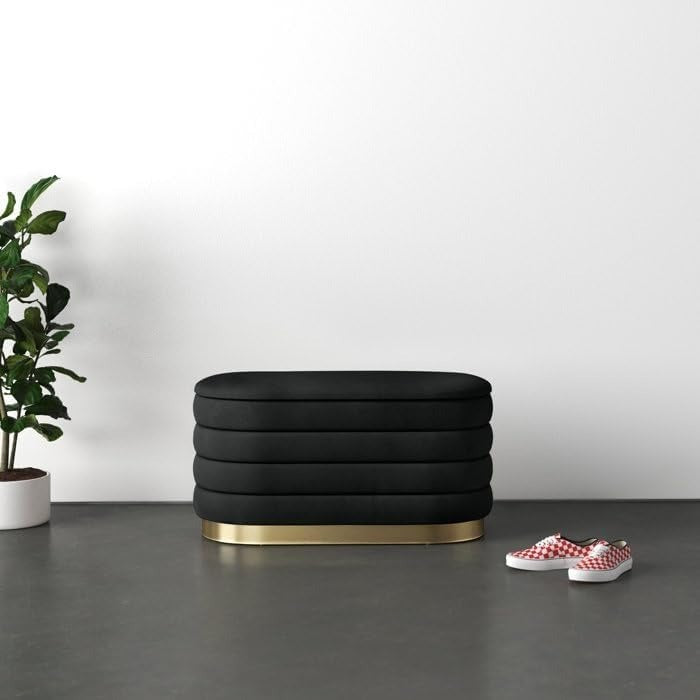 Modern Oval Storage Ottoman with Golden Strip, Black Velvet Upholstered Bench, Decorative Footstool, Ottoman Stool, Bench for Office Use, Home Ottoman Bench