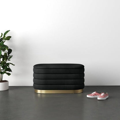 Modern Oval Storage Ottoman with Golden Strip, Black Velvet Upholstered Bench, Decorative Footstool, Ottoman Stool, Bench for Office Use, Home Ottoman Bench