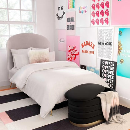 Modern Oval Storage Ottoman with Golden Strip, Black Velvet Upholstered Bench, Decorative Footstool, Ottoman Stool, Bench for Office Use, Home Ottoman Bench