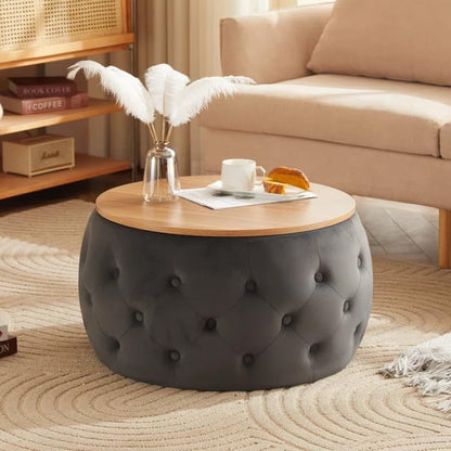 Premium Tufted Round Ottoman Coffee Table with Wooden Top – Modern Living Room Centerpiece