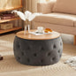 Premium Tufted Round Ottoman Coffee Table with Wooden Top – Modern Living Room Centerpiece