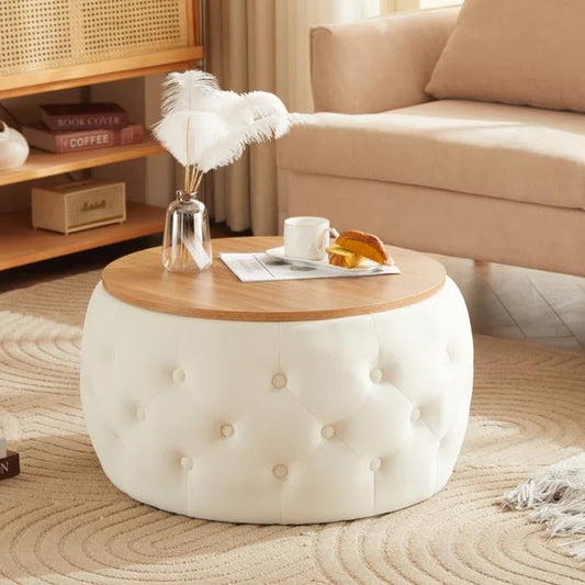 Premium Tufted Round Ottoman Coffee Table with Wooden Top – Modern Living Room Centerpiece