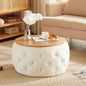 Premium Tufted Round Ottoman Coffee Table with Wooden Top – Modern Living Room Centerpiece