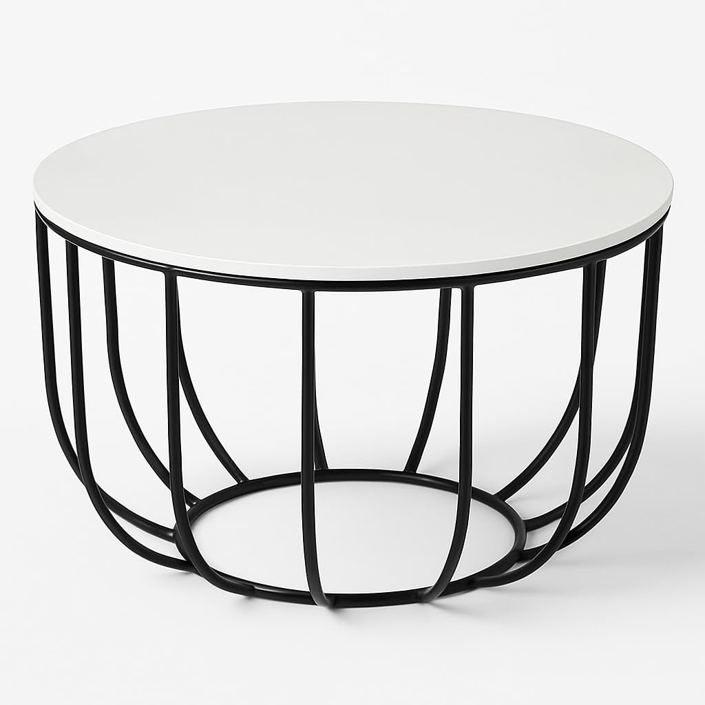 Iron Round Coffee Table with MDF Texture White Top
