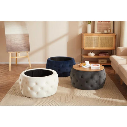 Premium Tufted Round Ottoman Coffee Table with Wooden Top – Modern Living Room Centerpiece