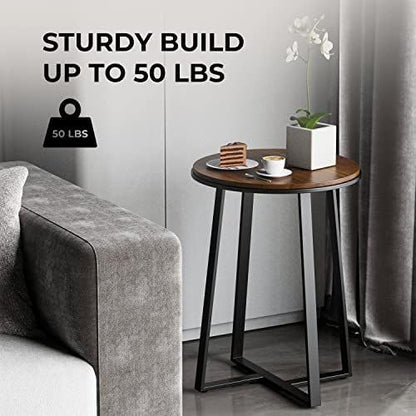 Modern Round Wooden Side Table with Black Metal Legs | Small Coffee Table for Living Room & Bedroom