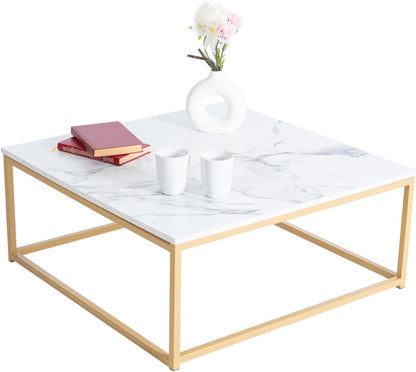 Modern Square Marble Coffee Table with Sturdy Metal Frame – Contemporary Living Room Center Table for Sofa, Couch & Lounge – Elegant White Faux Marble Top, Easy to Clean (Golden & White)