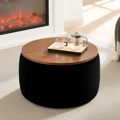 Modern Round Storage Coffee Table with Wooden Top – Upholstered Ottoman Center Table