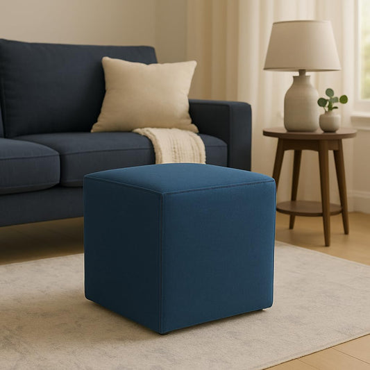 Modern Blue Fabric Ottoman – Cube Footrest Pouf Stool for Living Room & Bedroom