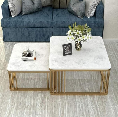 Modern Nesting Coffee Table Set of 2 with White Faux Marble Top & Gold Metal Frame | Square Center Tables for Living Room, Lounge & Office