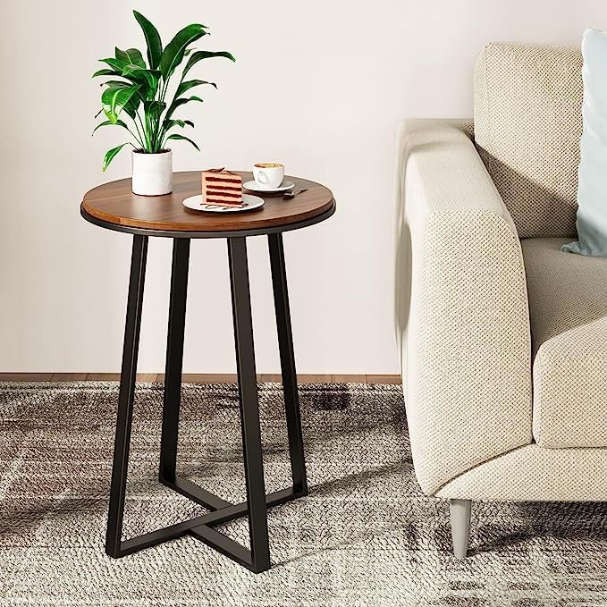 Modern Round Wooden Side Table with Black Metal Legs | Small Coffee Table for Living Room & Bedroom