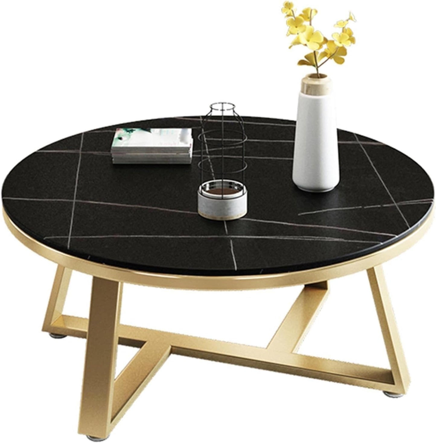 Modern Round Coffee Table with Black Faux Marble Top & Gold Metal Frame – Luxury Living Room Center Table