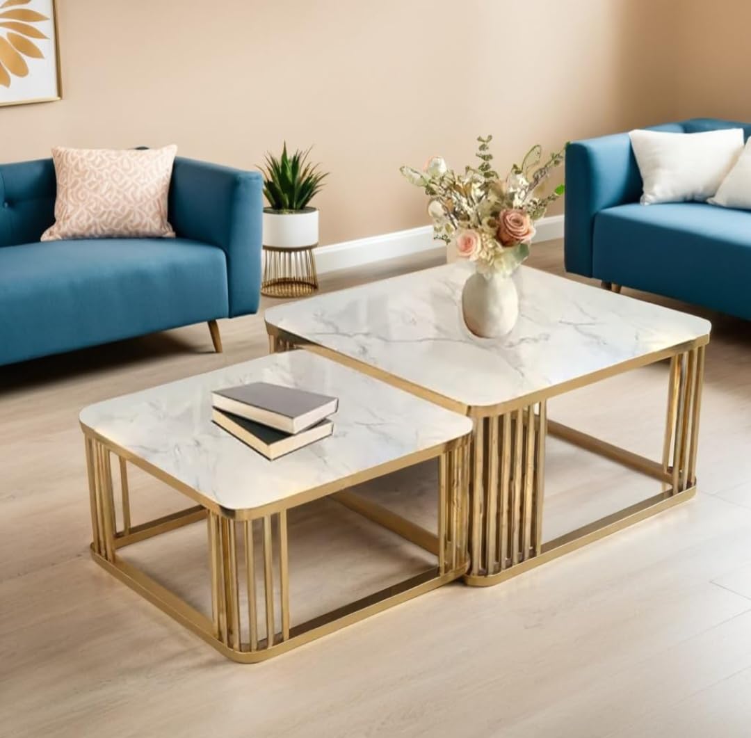 Modern Nesting Coffee Table Set of 2 with White Faux Marble Top & Gold Metal Frame | Square Center Tables for Living Room, Lounge & Office