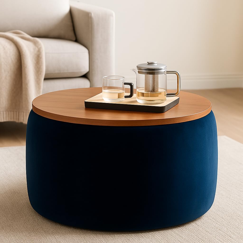 Modern Round Storage Coffee Table with Wooden Top – Upholstered Ottoman Center Table