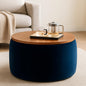 Modern Round Storage Coffee Table with Wooden Top – Upholstered Ottoman Center Table