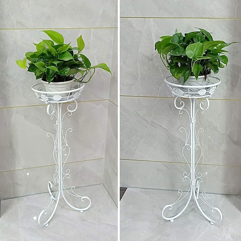 Elegant White Metal Plant Stand with Decorative Scrollwork – Perfect for Indoor Décor