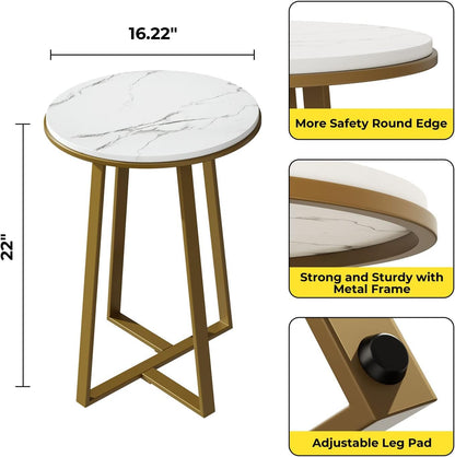 Modern Round Faux Marble Side Table with Gold Metal Frame – Luxury Sofa End Table for Living Room