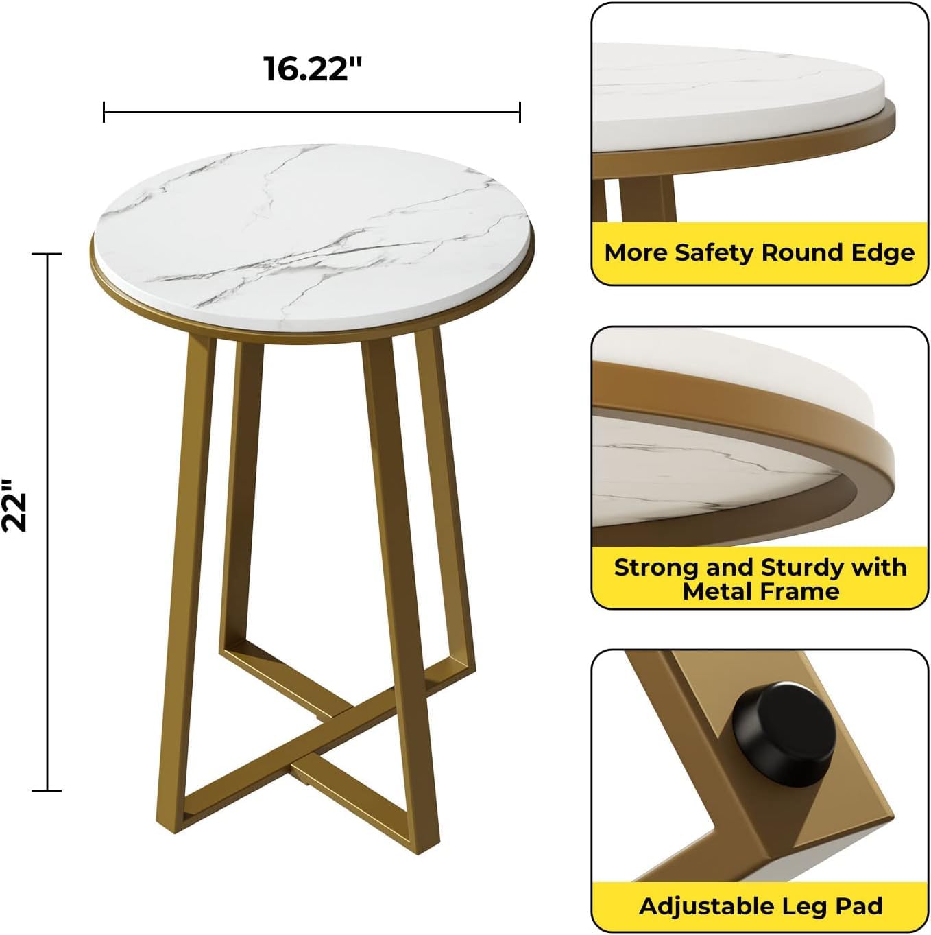 Modern Round Faux Marble Side Table with Gold Metal Frame – Luxury Sofa End Table for Living Room
