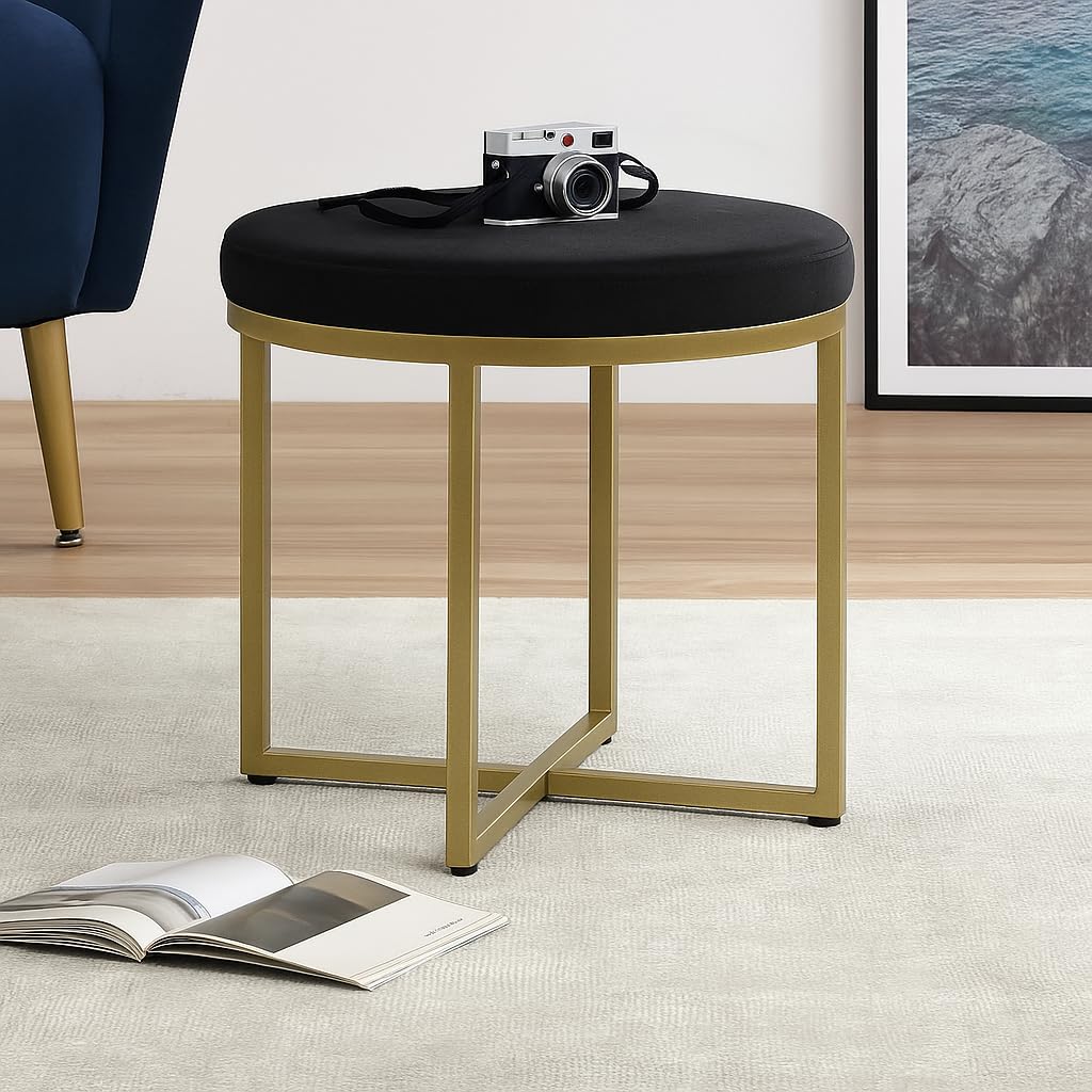 Velvet Round Ottoman Stool with Gold Metal Base | Modern Accent Seating for Living Room & Bedroom