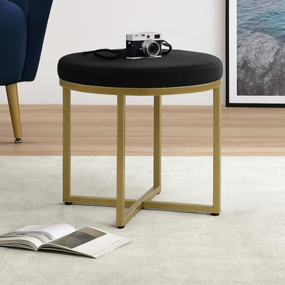 Velvet Round Ottoman Stool with Gold Metal Base | Modern Accent Seating for Living Room & Bedroom