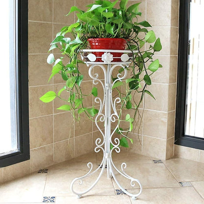 Elegant White Metal Plant Stand with Decorative Scrollwork – Perfect for Indoor Décor